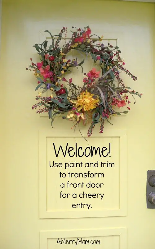 DIY yellow front door makeover for under $30 with paint and trim - AMerryMom.com
